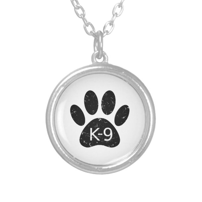 Grunge Distressed Dog Paw K-9 Silver Plated Necklace (Front)