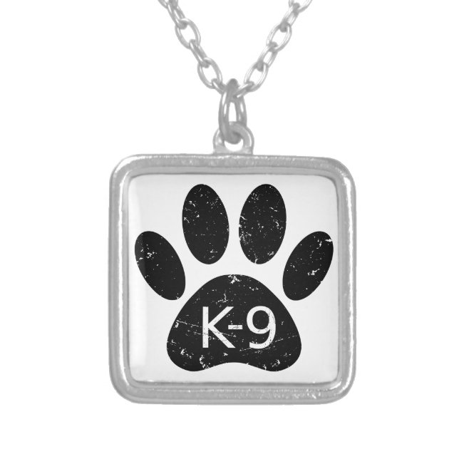Grunge Distressed Dog Paw K-9 Silver Plated Necklace (Front)