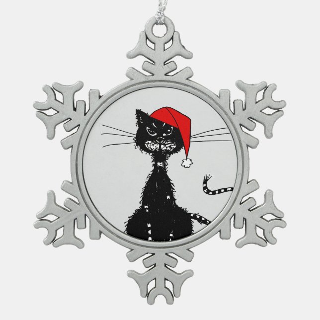 Grunge Evil Black Cat Christmas Snowflake Pewter Christmas Ornament (Front)