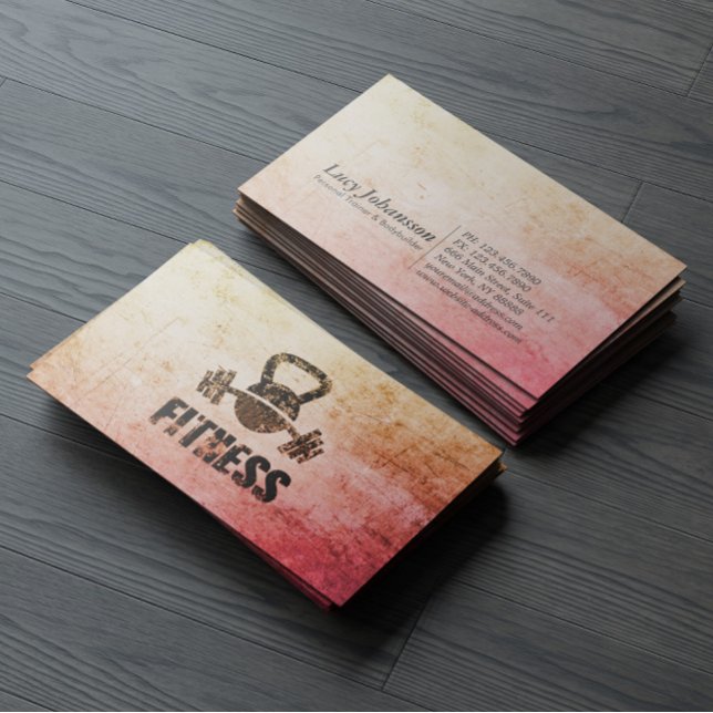 Grunge Fitness Personal Trainer Kettlebell Barbell Business Card (Creator Uploaded)
