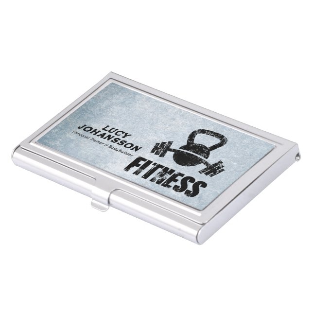 Grunge Fitness Personal Trainer Kettlebell Barbell Business Card Case (Front)