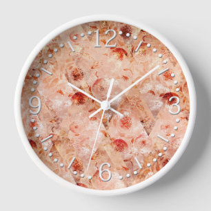 Grunge floral pattern. Coral background.  Clock