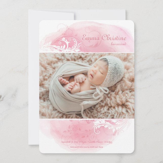 Grunge Floral Photo Birth Announcement (Front)