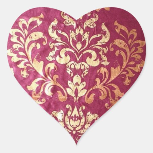 grunge floral Victorian Gold Burgundy damask Heart Sticker