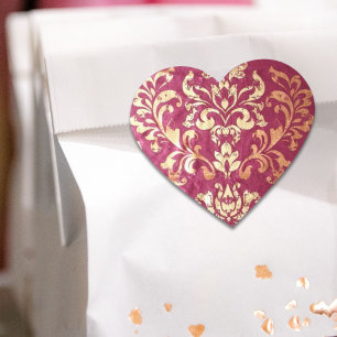 grunge floral Victorian Gold Burgundy damask Heart Sticker