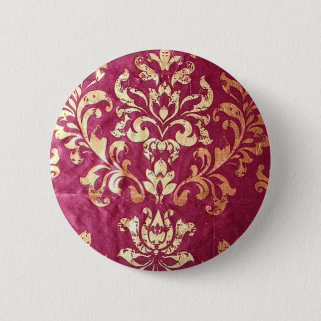 grunge floral Victorian Gold Burgundy damask Pinback Button (Front)