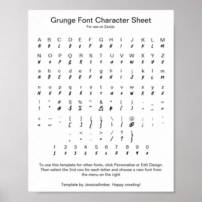 Grunge Font Character Sheet for Zazzle Poster | Zazzle
