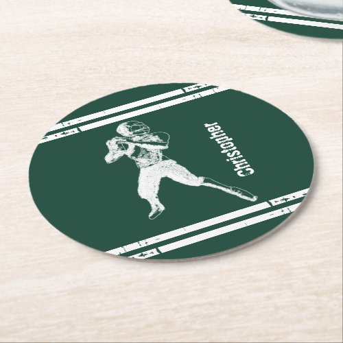 Grunge Football Quarterback Green and White Round Paper Coaster