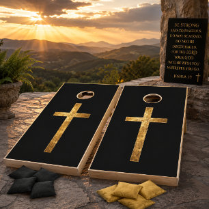 Grunge Gold and Black Christian Cross Cornhole Set