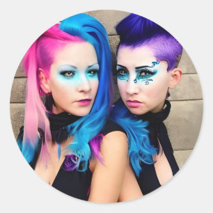 Grunge Goth Lesbian Love Couple AI Art Classic Round Sticker