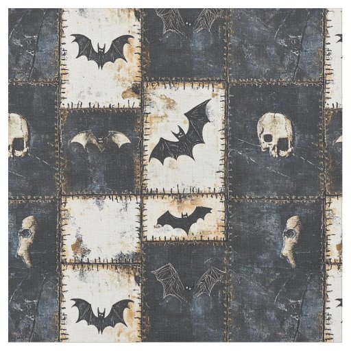 Grunge Gothic Bats & Skulls Denim Pattern Fabric