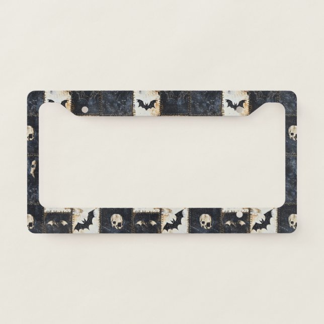Grunge Gothic Bats & Skulls Denim Pattern License Plate Frame (Front)