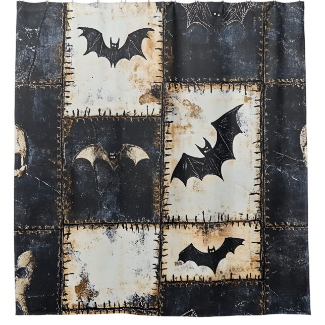 Grunge Gothic Bats & Skulls Denim Pattern Shower Curtain (Front)