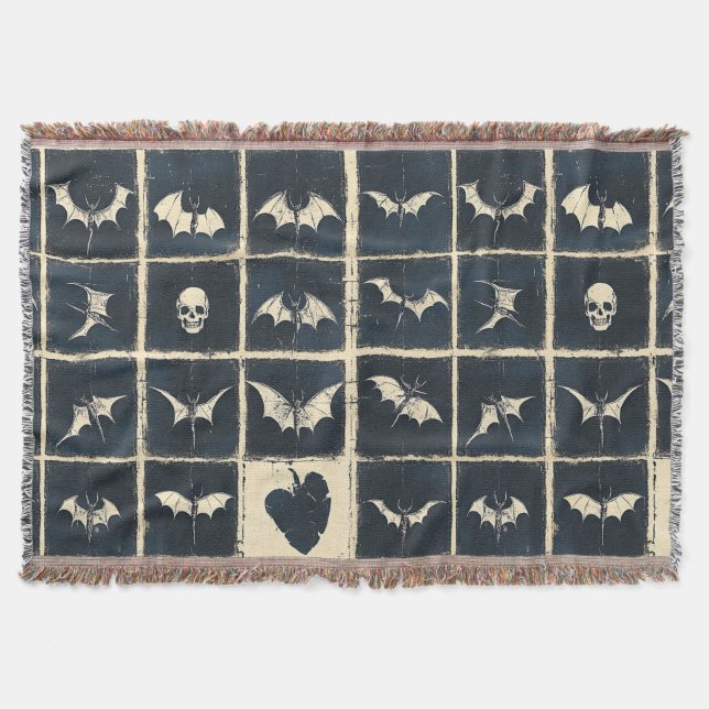 Grunge Gothic Bats & Skulls Denim Pattern Throw Blanket (Front)