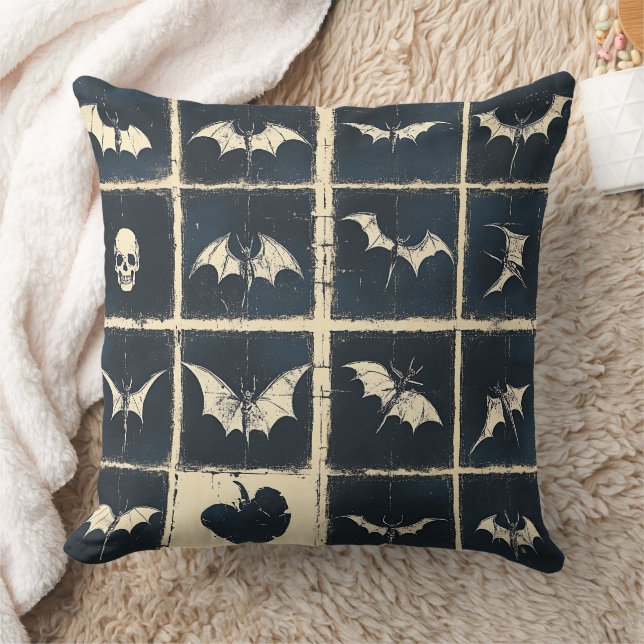 Grunge Gothic Bats & Skulls Denim Pattern Throw Pillow (Blanket)
