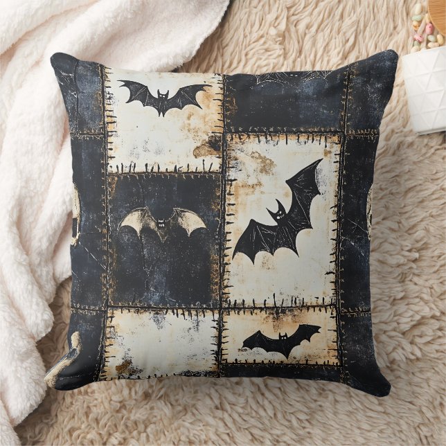 Grunge Gothic Bats & Skulls Denim Pattern Throw Pillow (Blanket)