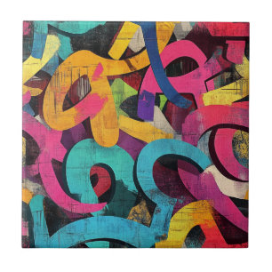 Grunge Graffiti Abstract in Pink Yellow Blue Ceramic Tile