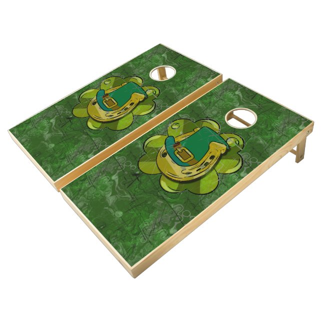 Grunge Green Clover, Hat and Horsehoe Grunge Cornhole Set (Angled)
