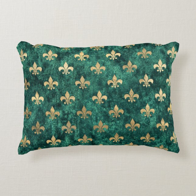 Grunge Green Velvet Fleur De Lis Mardi Gras Accent Pillow (Front)