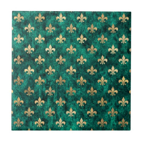 Grunge Green Velvet Fleur De Lis Mardi Gras Ceramic Tile