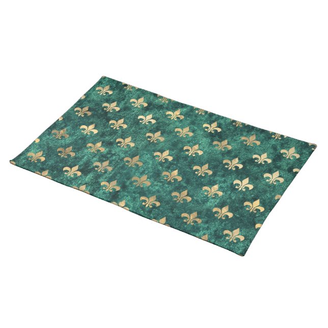 Grunge Green Velvet Fleur De Lis Mardi Gras Cloth Placemat (On Table)