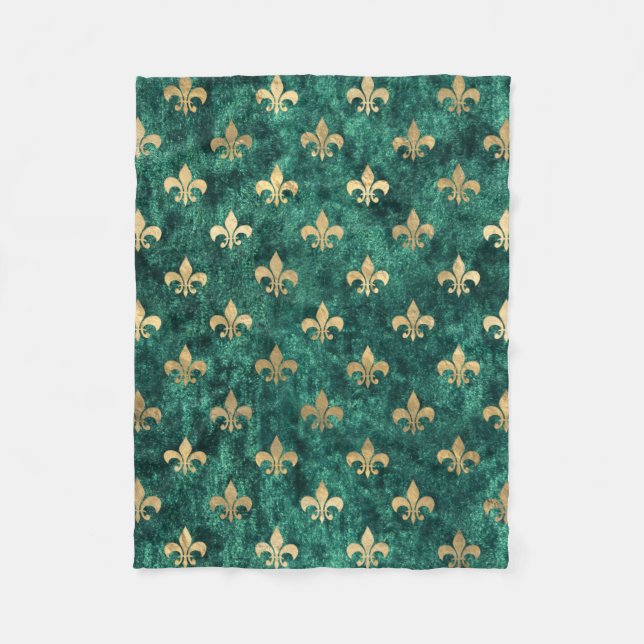 Grunge Green Velvet Fleur De Lis Mardi Gras Fleece Blanket (Front)