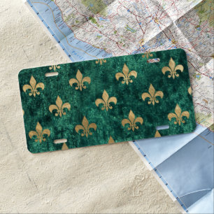 Grunge Green Velvet Fleur De Lis Mardi Gras License Plate