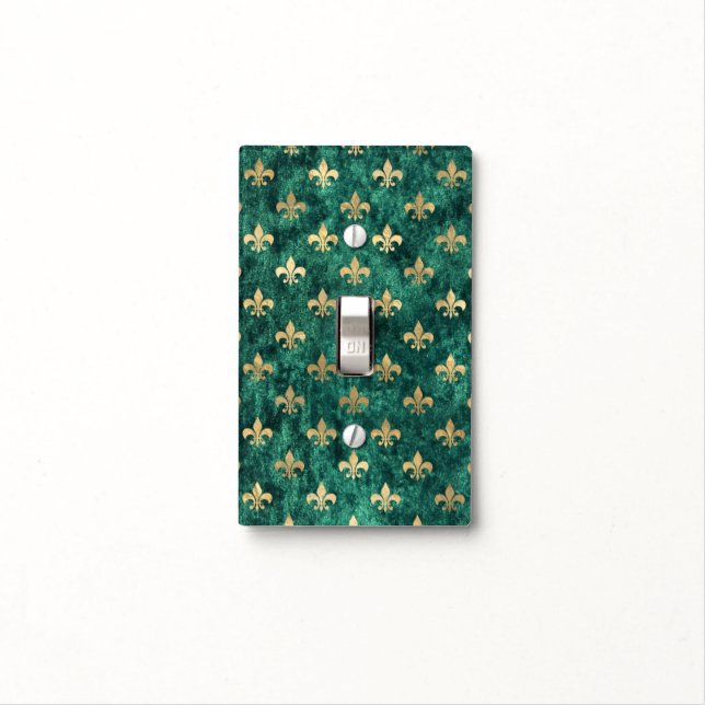 Grunge Green Velvet Fleur De Lis Mardi Gras Light Switch Cover (In Situ)