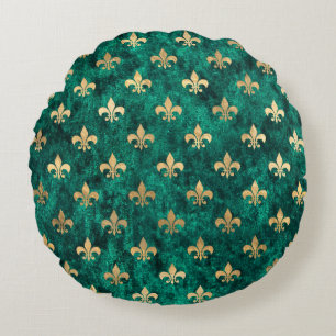Grunge Green Velvet Fleur De Lis Mardi Gras Round Pillow