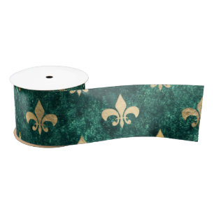 Grunge Green Velvet Fleur De Lis Mardi Gras Satin Ribbon