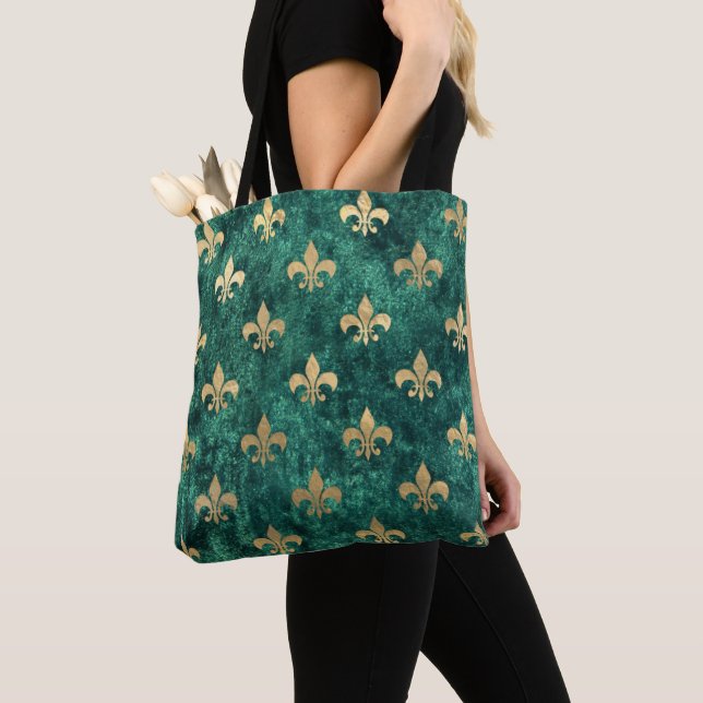 Grunge Green Velvet Fleur De Lis Mardi Gras Tote Bag (Close Up)