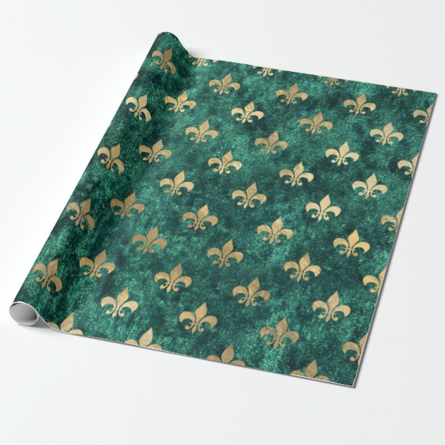 Grunge Green Velvet Fleur De Lis Mardi Gras Wrapping Paper (Unrolled)