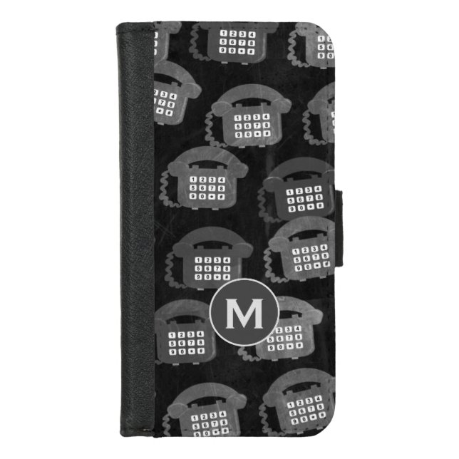 Grunge Grey Retro Telephone Pattern iPhone Wallet Case (Front)