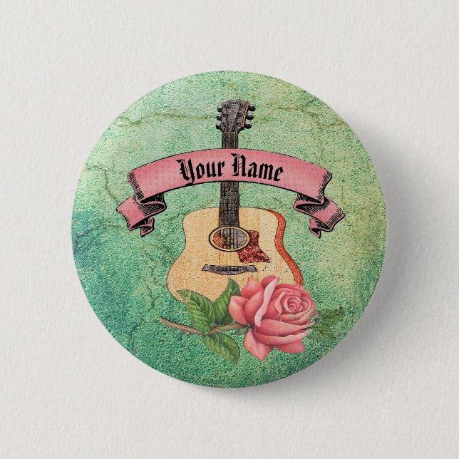 Grunge guitar and roses pinback button (Front)