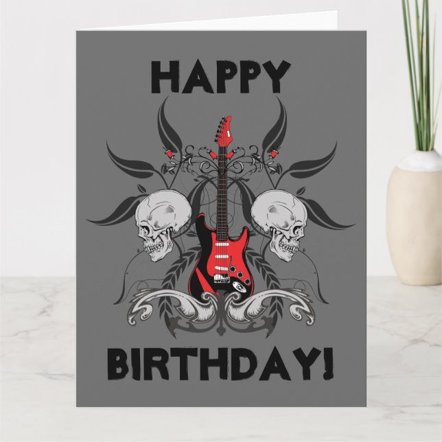 Grunge Guitar and Skull Happy Birthday Message Card (Front)