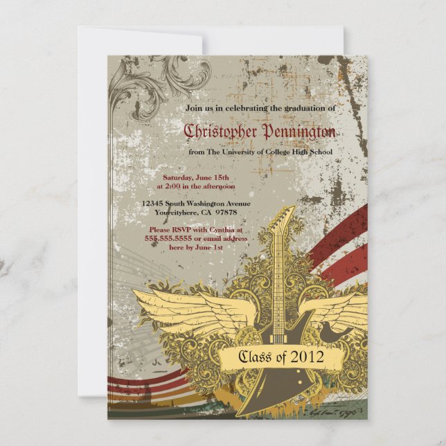Grunge guitar graduation party announcement (Front)