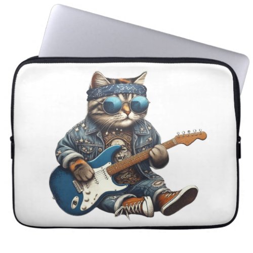 Grunge Guitar Playing Cat  Laptop Sleeve