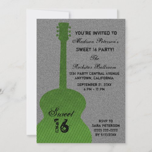 Grunge Guitar Stripes Sweet Sixteen Invite Green Invitation