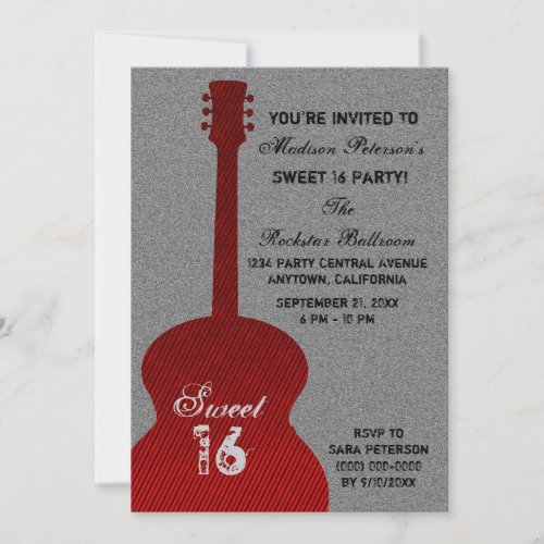 Grunge Guitar Stripes Sweet Sixteen Invite Red Invitation