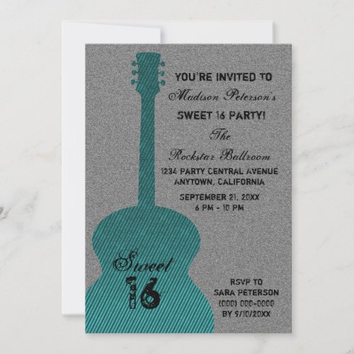 Grunge Guitar Stripes Sweet Sixteen Invite Teal Invitation