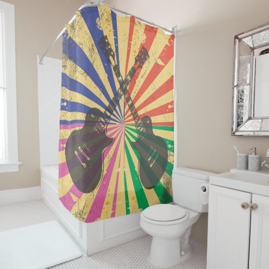 Grunge Guitars on starburst background Shower Curtain