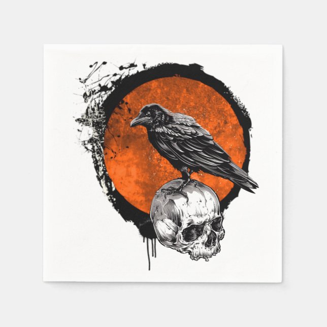 Grunge Halloween Raven & Skull Napkins (Front)