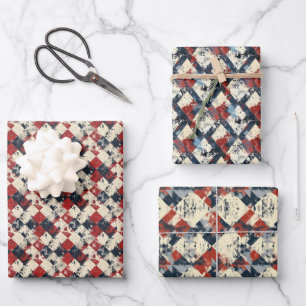 Grunge Harlequin Diamond Pattern Red and Navy Wrapping Paper Sheets