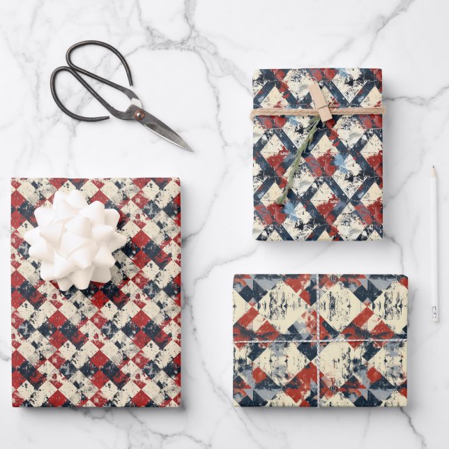Grunge Harlequin Diamond Pattern Red and Navy Wrapping Paper Sheets (Front)
