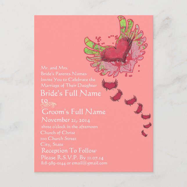 Grunge Heart Raspberry Pink Wedding Invitation Postcard (Front)
