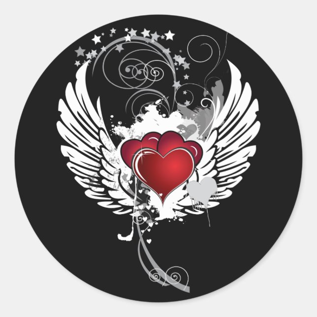 Grunge Hearts Wings Classic Round Sticker (Front)