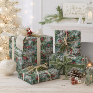 Grunge inspired red & green holly on urban walls wrapping paper sheets
