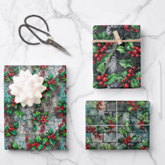 Grunge inspired red & green holly on urban walls wrapping paper sheets