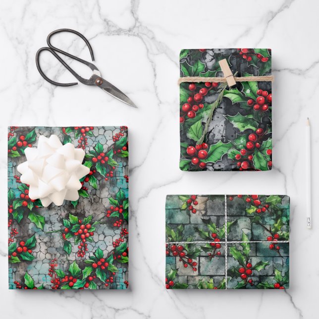 Grunge inspired red & green holly on urban walls wrapping paper sheets (Front)