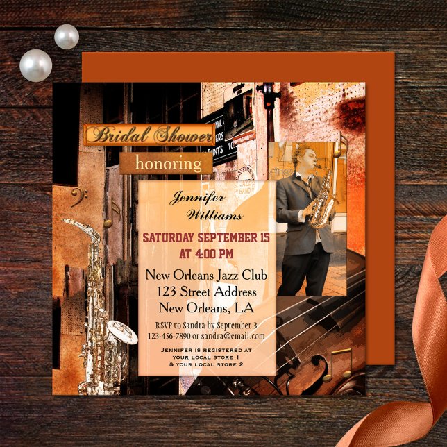 Grunge Jazz Music Bridal Shower Invitation (A bridal shower invitation in a grunge retro poster style with a music theme.)